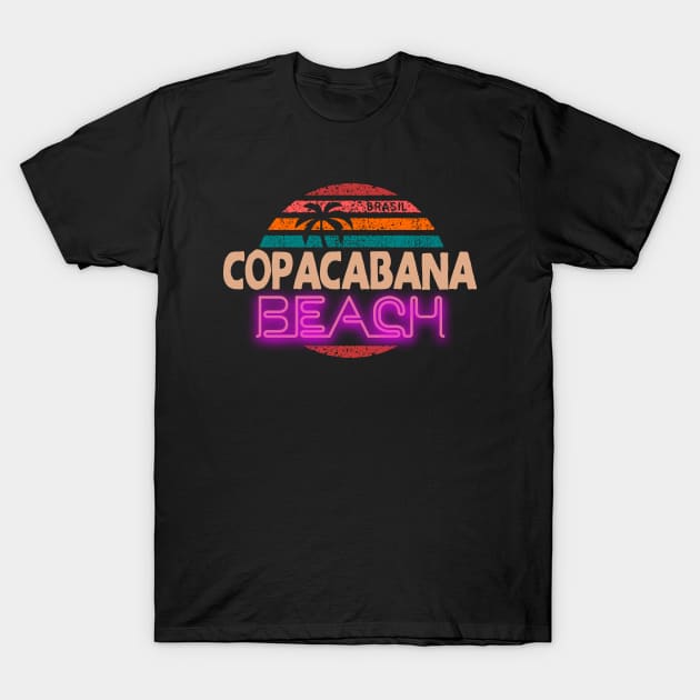 Copacabana Beach neon vintage retro sunset palmtrees T-Shirt by SpaceWiz95